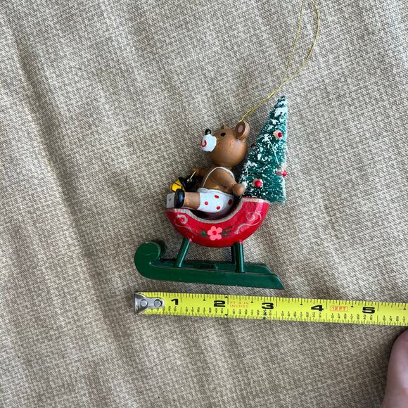 Vintage Hand Painted Teddy Bear on a Sled w/ Christmas Tree Ornament 4" - Picture 7 of 7
